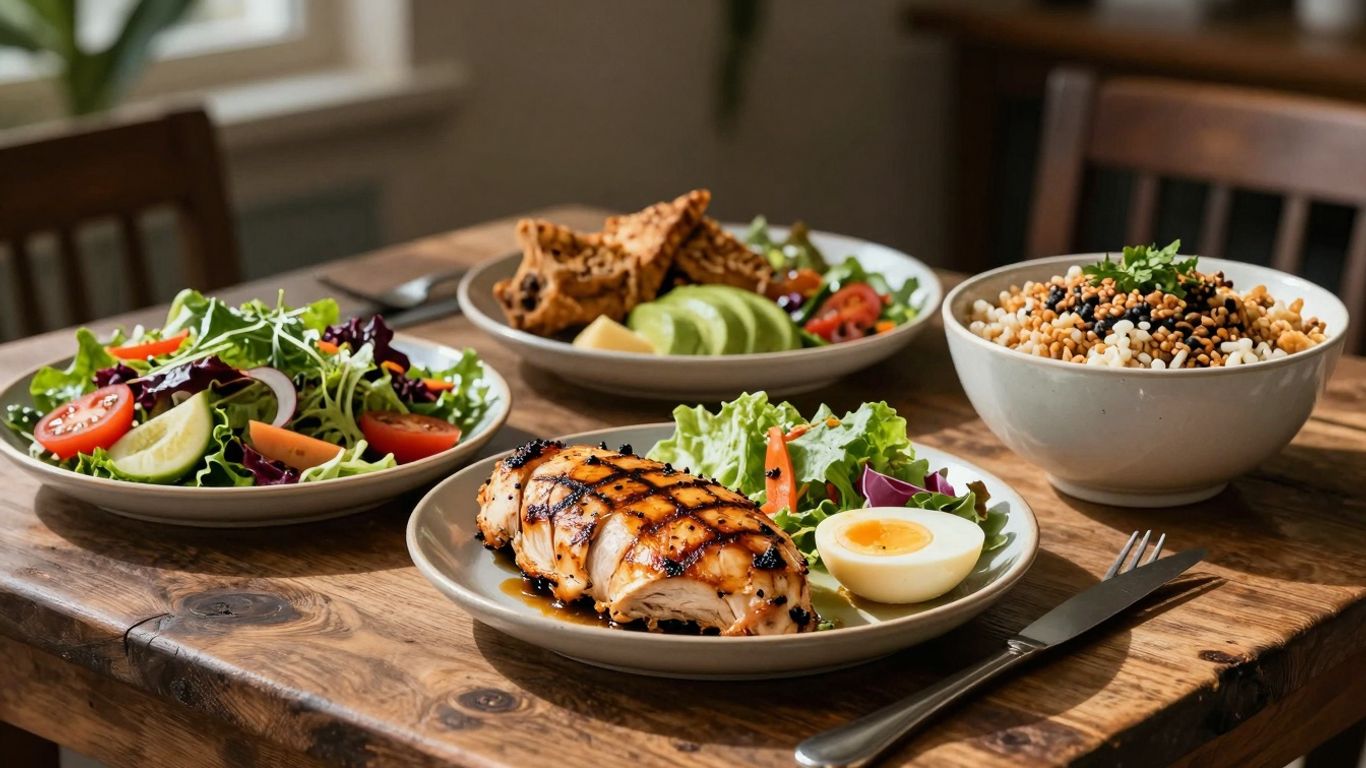 High-protein lunch dishes with grilled chicken and salads.