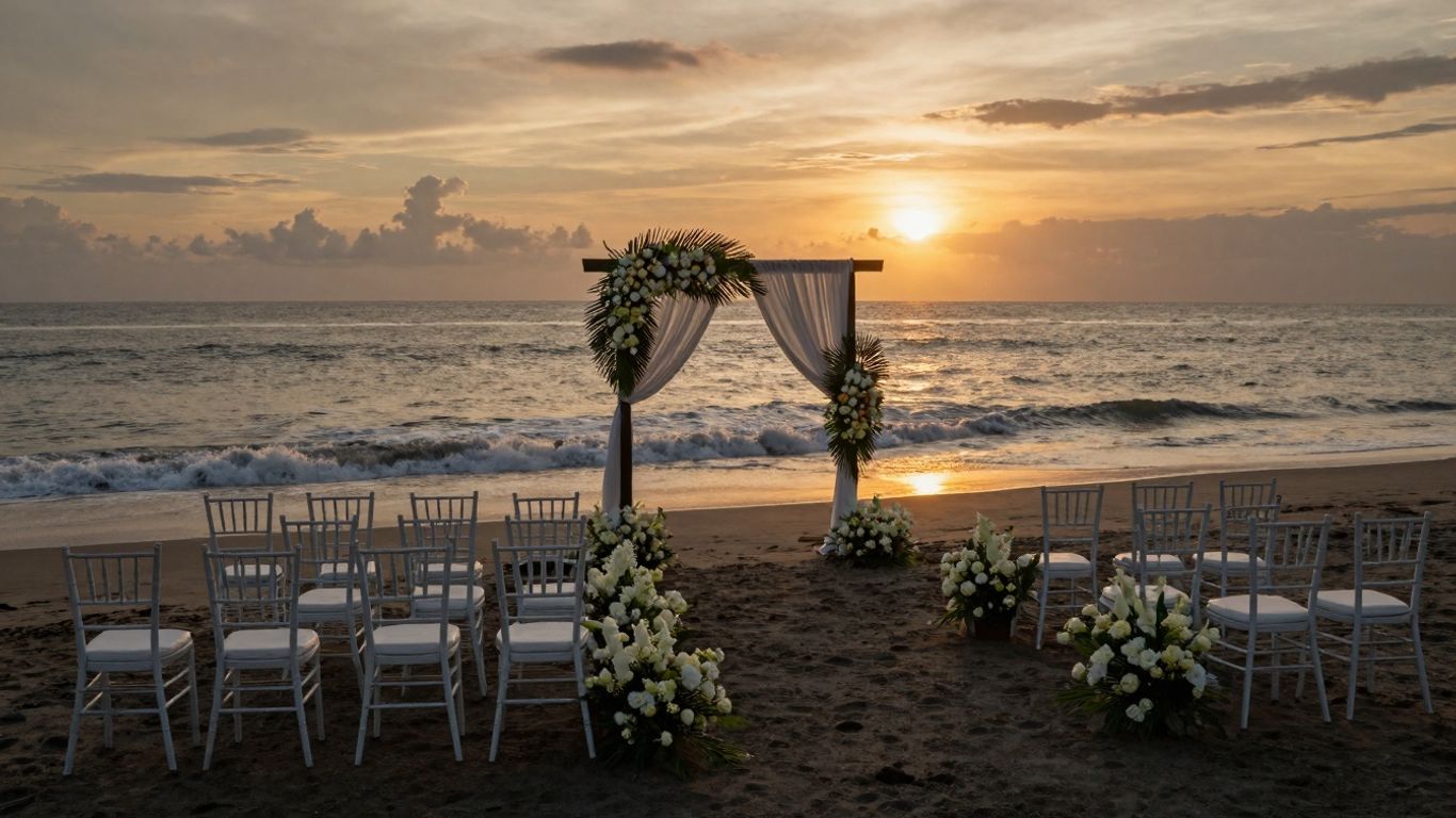Secure Bali beach wedding at sunset with floral arch.