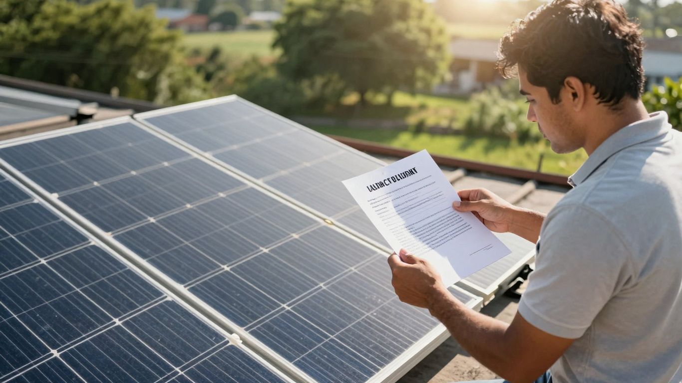 Homeowner With Solar Panels And Loan Document.