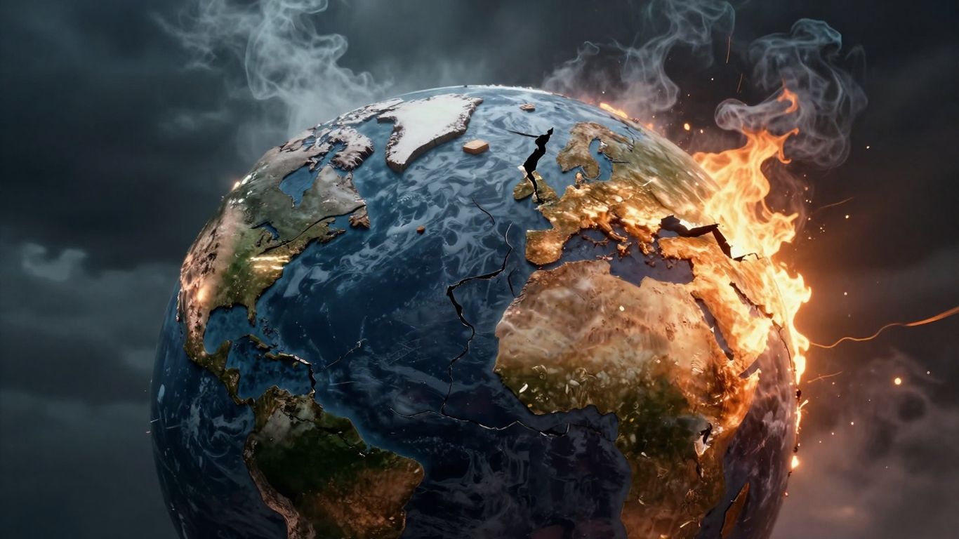 Glob pământesc fracturat, fum, conflict energetic.