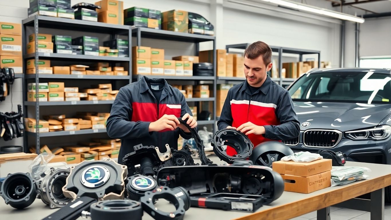 Mechanic inspecting Skoda car parts on workbench