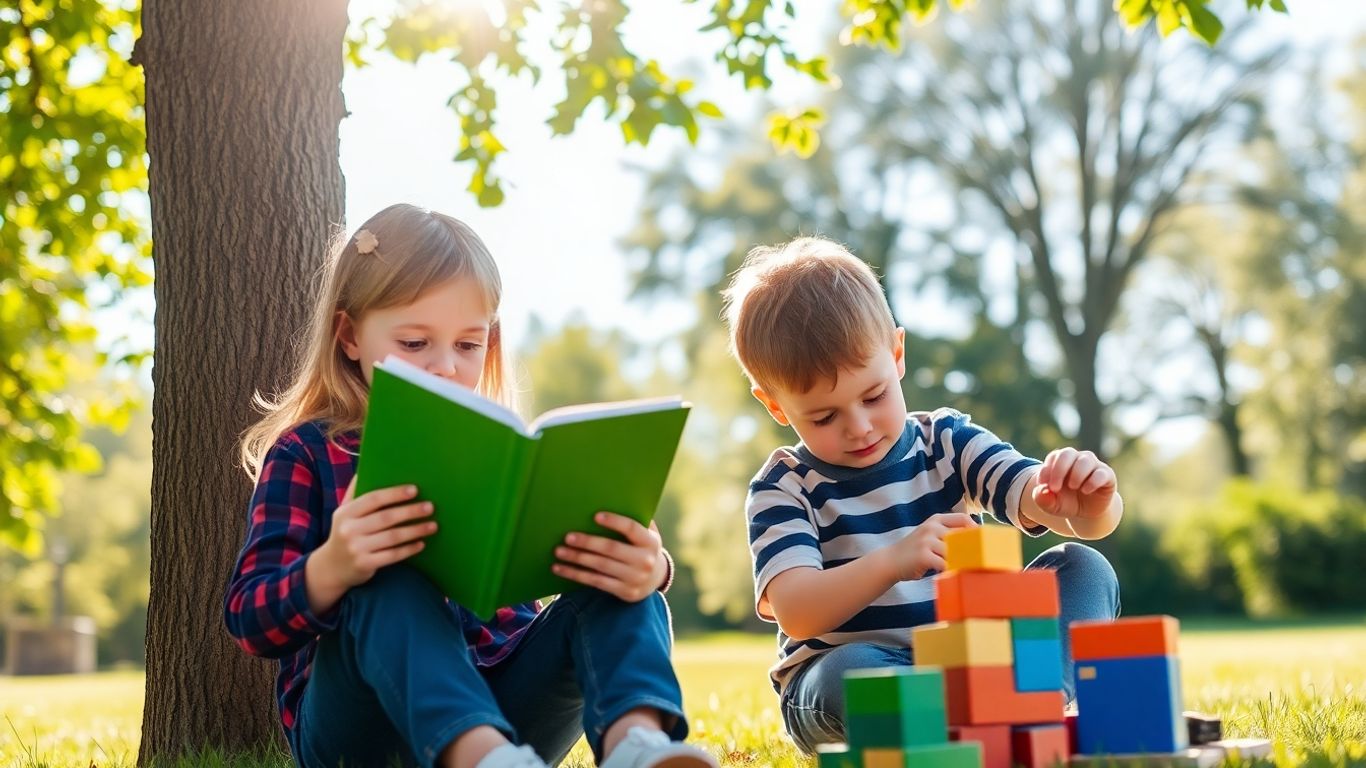 Doi frați se joacă individual, dar împreună, în aer liber.