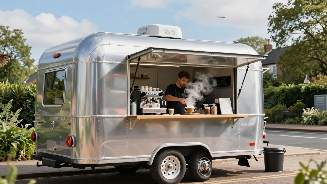 Coffee trailer on a UK street with barista making coffee.