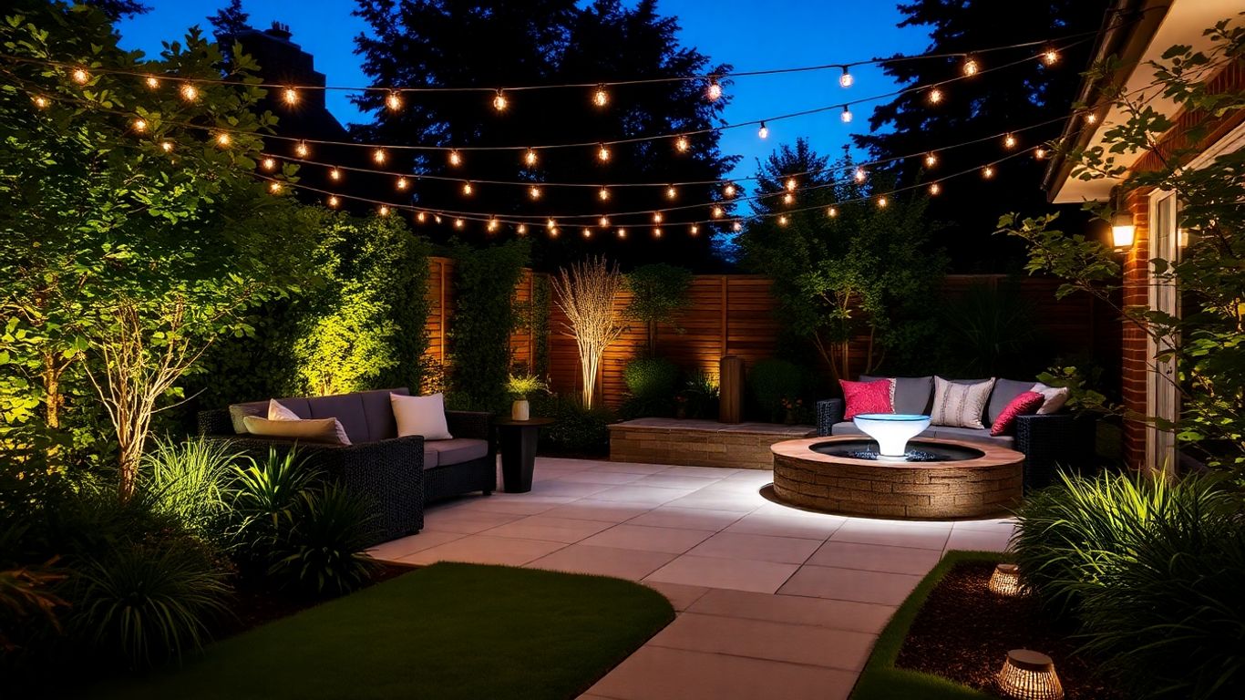 Modern garden lighting ideas for UK homes at dusk.