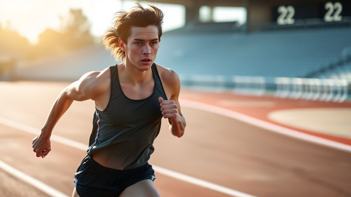 Runner sprinting on a track, focused and fast.