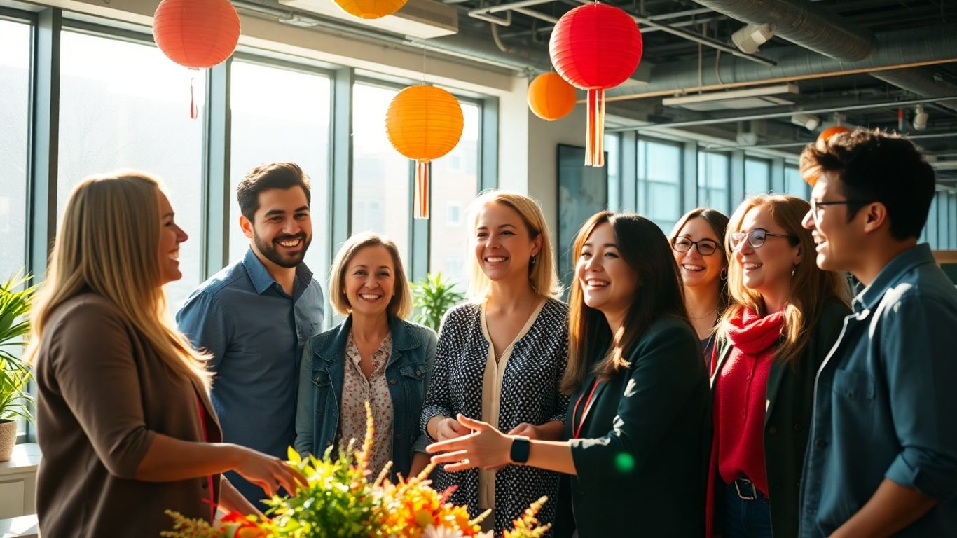 Colleagues enjoying fun activities in a bright office.