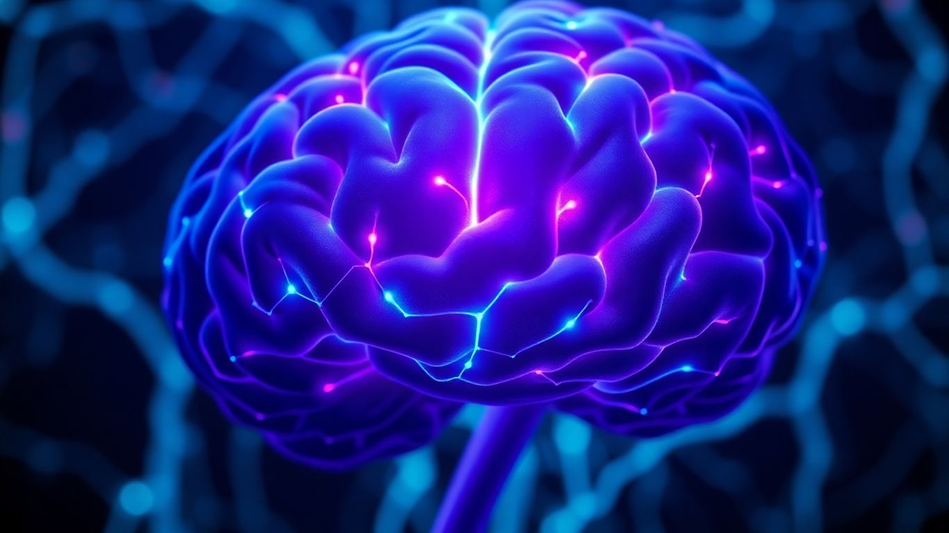 Stylized brain with glowing neural pathways.