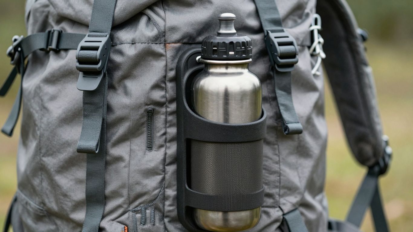 Backpack water bottle holder attachment with bottle.