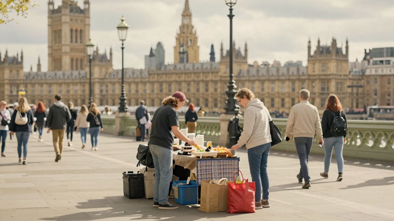 Westminster street trading stall with people and buildings.