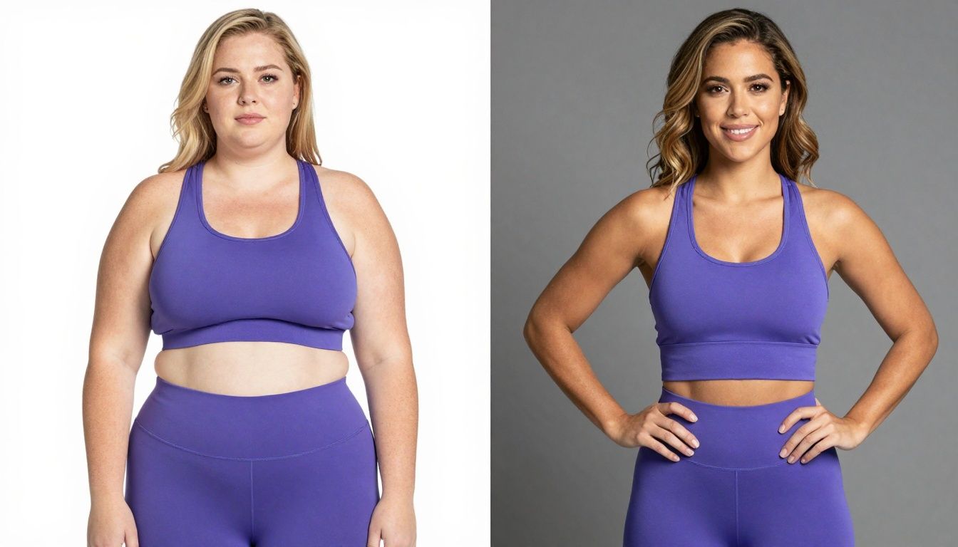 Two women in purple athletic wear, one before and one after weight loss.