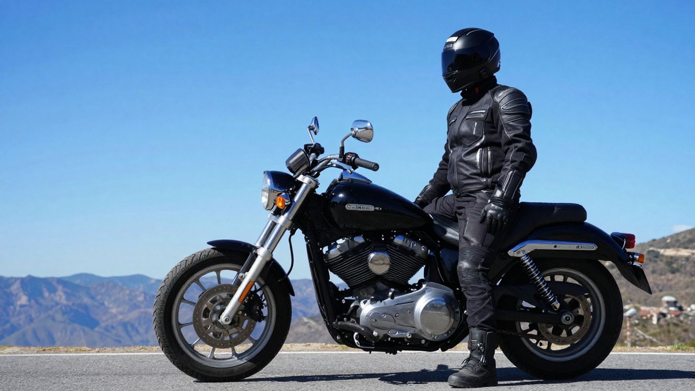 Motorcycle and rider on a scenic road.