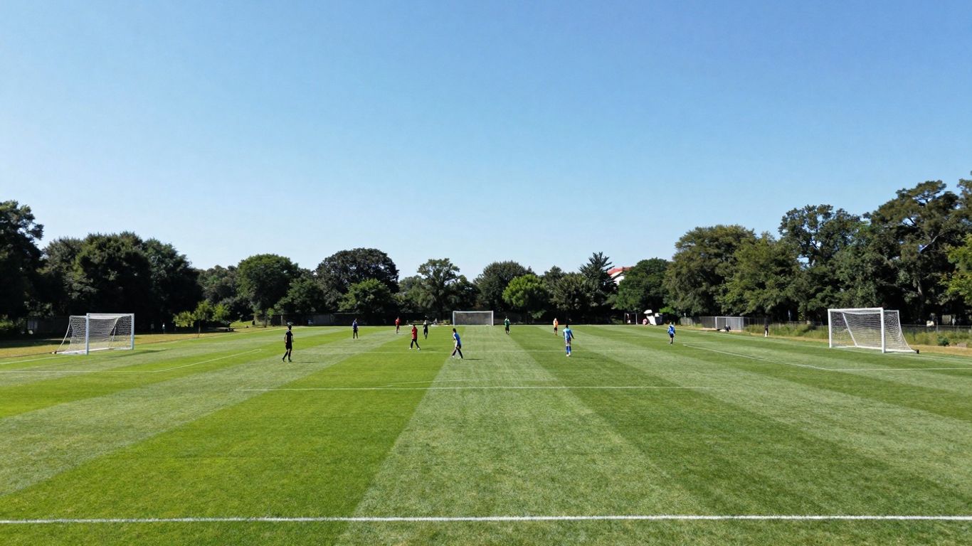 Teren de fotbal cu marcaje și jucători.