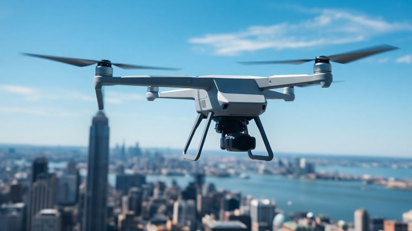 Drone flying over New York City skyline