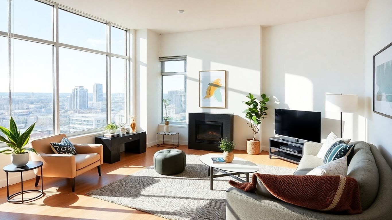 Stylish Airbnb living room with furniture and city view.