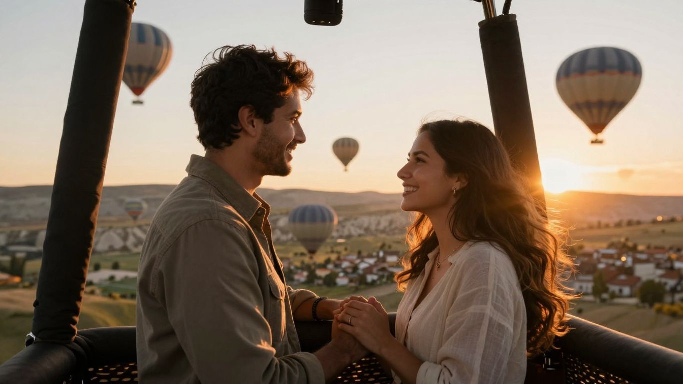 Glückliches Paar im Heißluftballon bei Sonnenuntergang