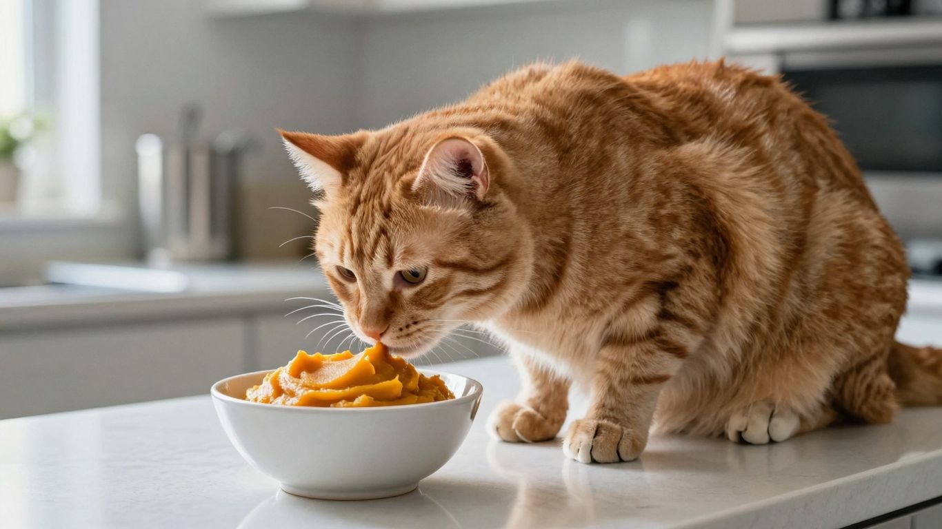 Cat sniffing a bowl of pumpkin puree.