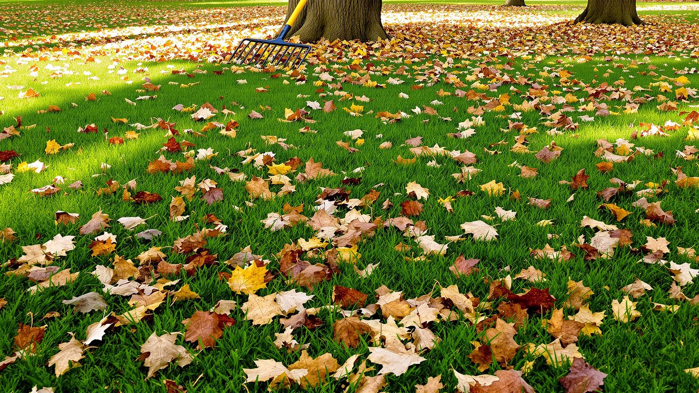 Autumn lawn with fallen leaves and a garden rake.