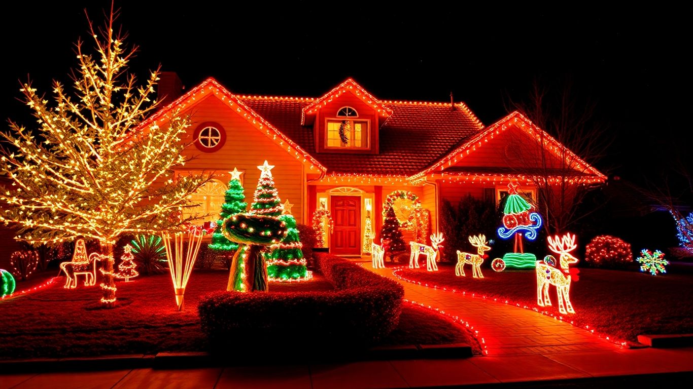 Sunset Hills home decorated with Christmas lights at night