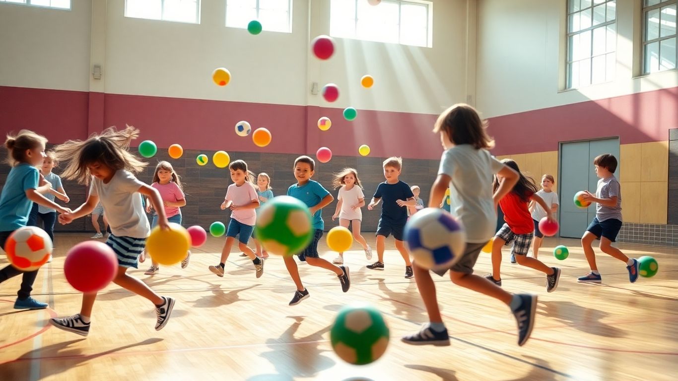 Schüler spielen begeistert verschiedene Ballspiele in der Turnhalle.