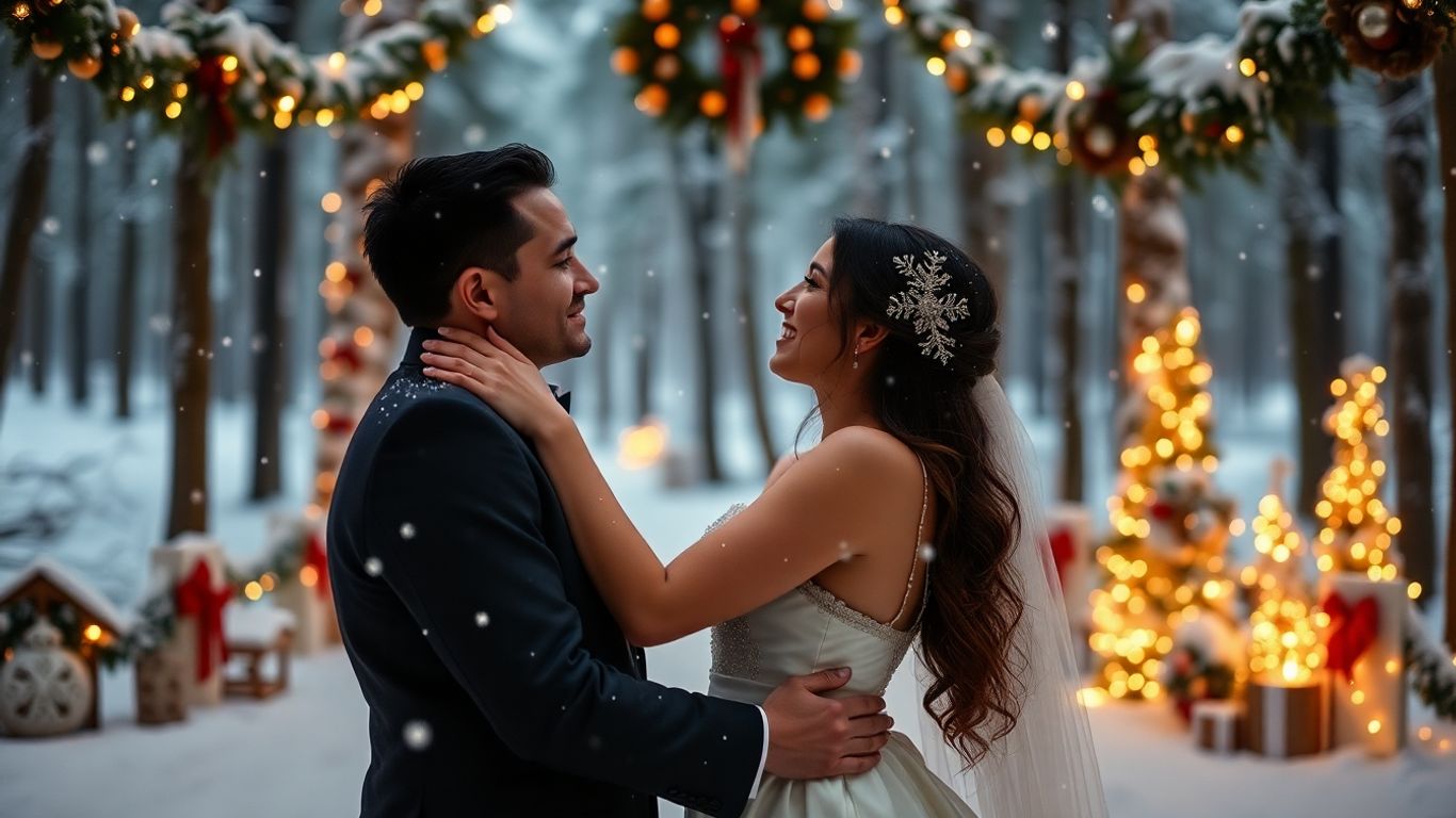 Couple eloping in a snowy Christmas forest.