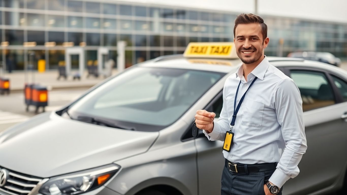 Airport taxi driver ready for passenger pickup.