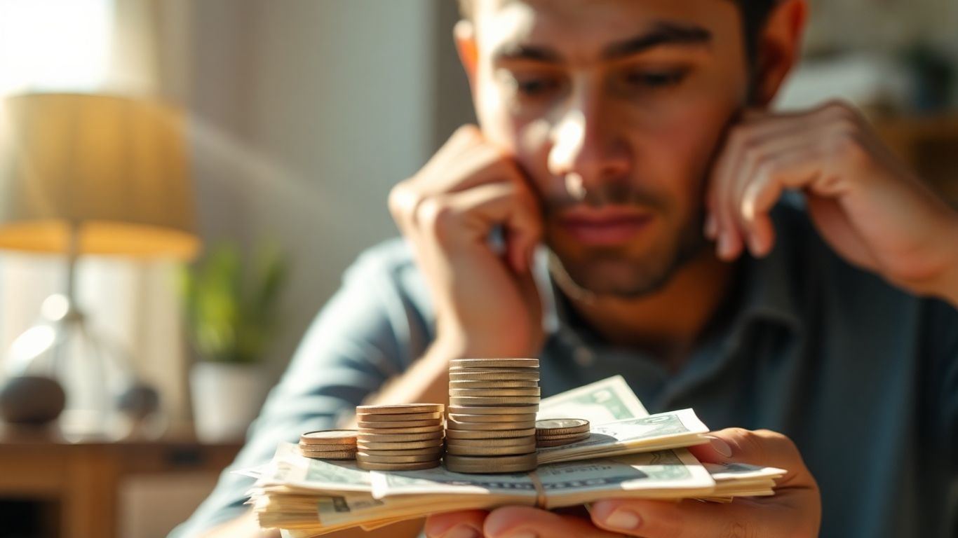 Person managing personal finances with coins and bills.