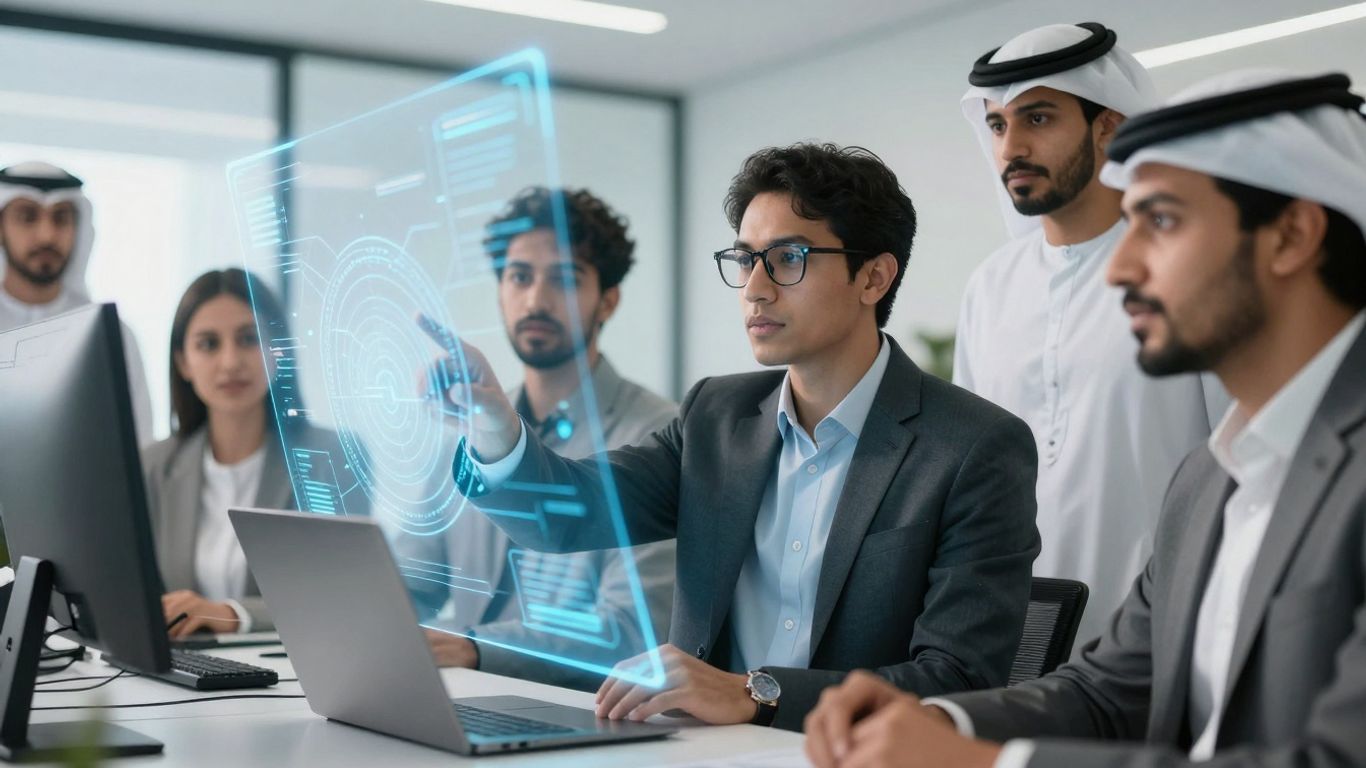 Professionals interacting with AI interfaces and data streams.