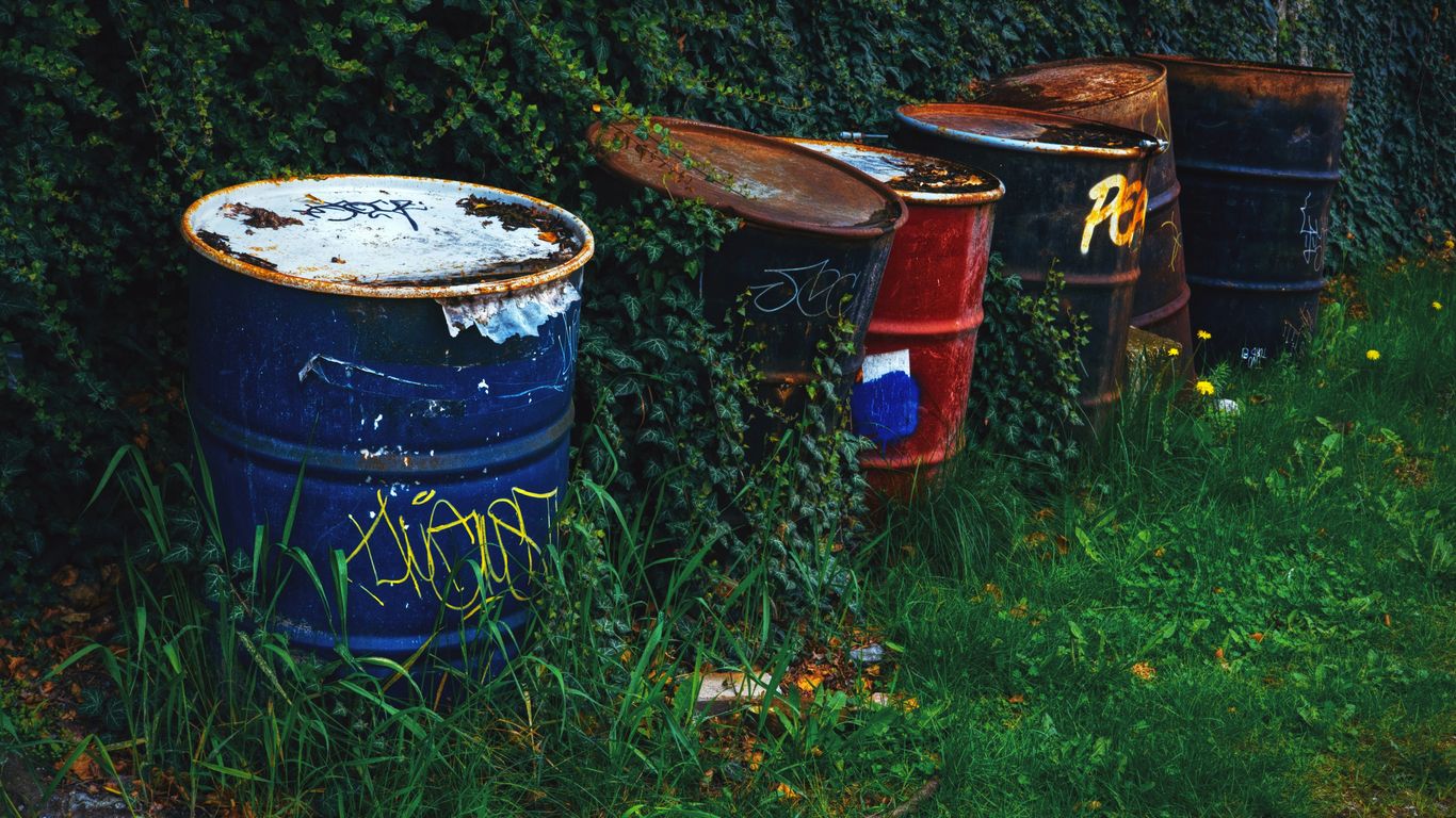 a row of trash cans sitting on top of a lush green field