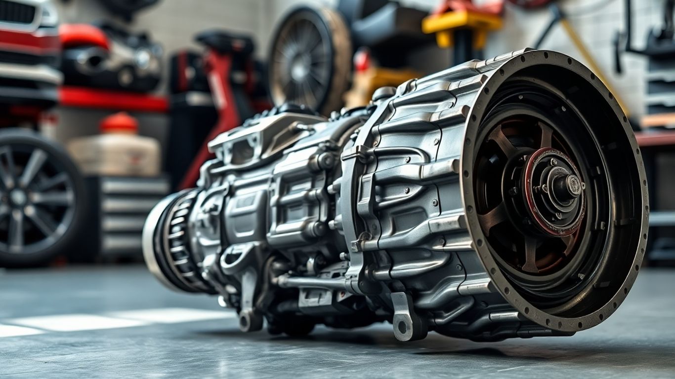 Skoda Superb transmission unit with tools in a garage