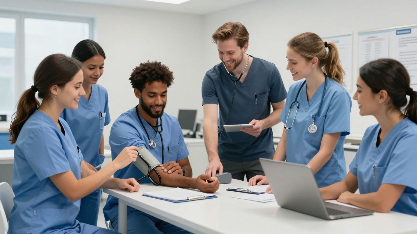 People in scrubs learning CNA skills in a classroom.