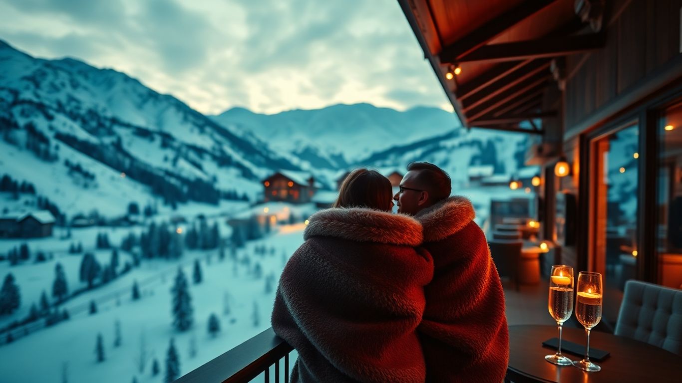 Stel geniet van luxe skichalet balkon bij zonsondergang