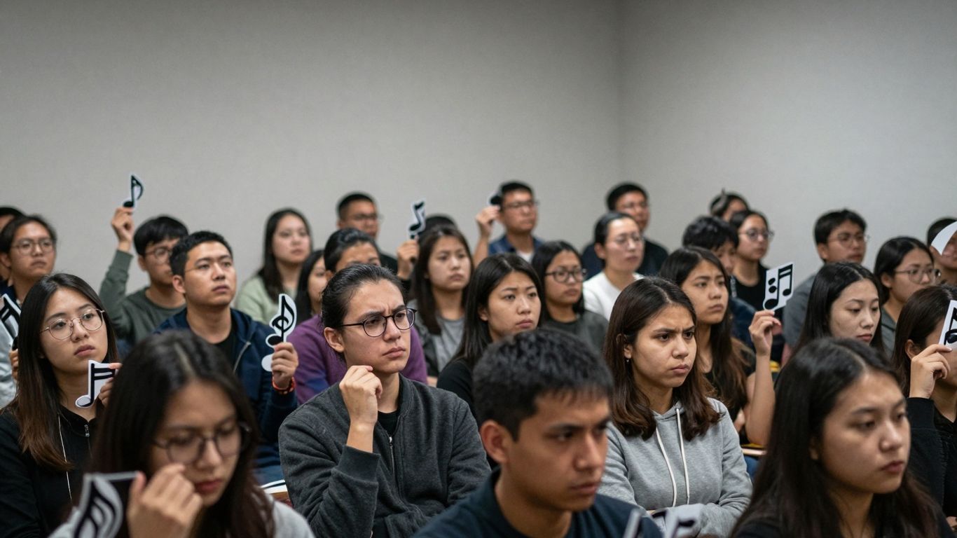 Crowded room with people holding music notes.
