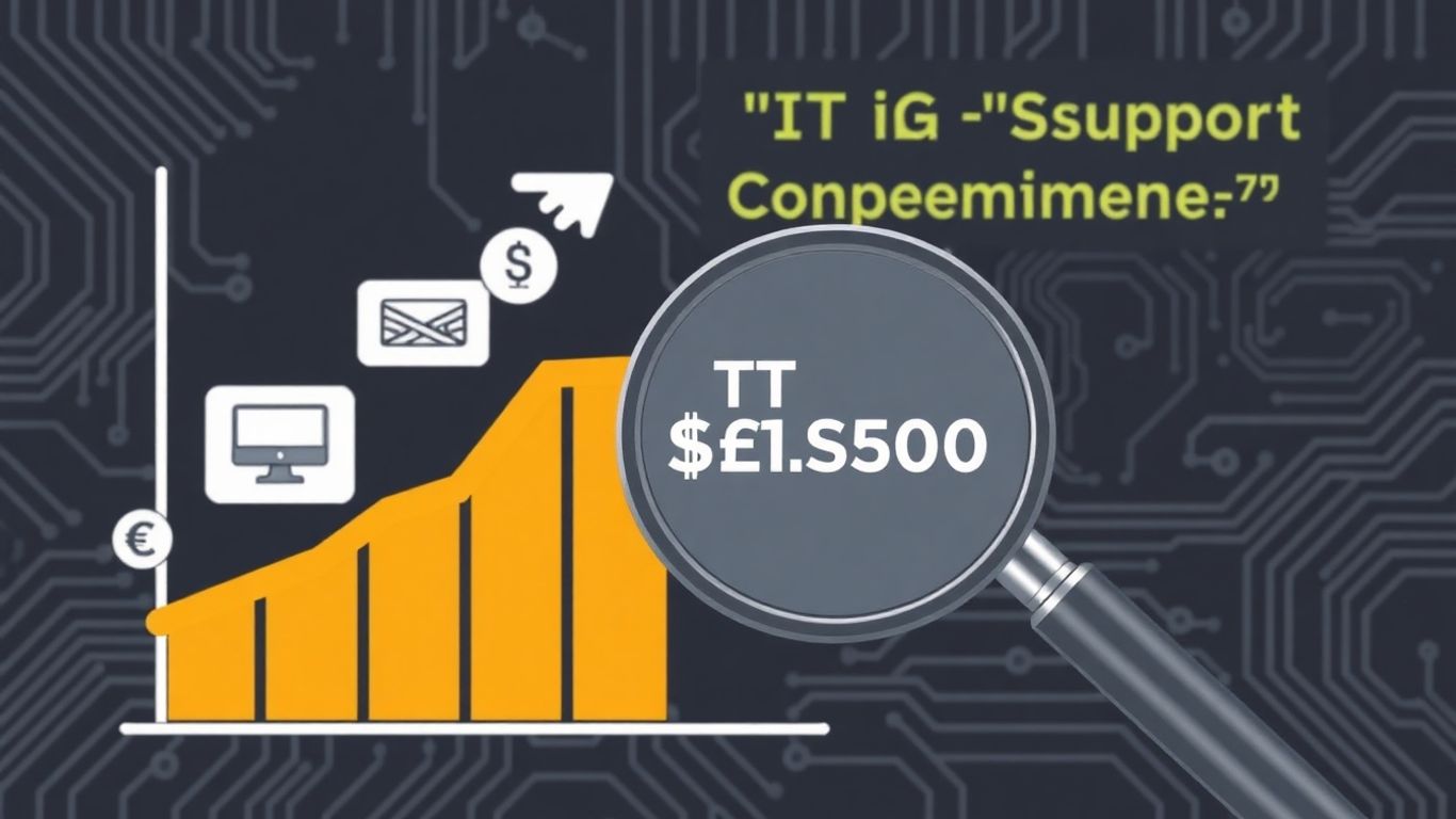 IT support salary infographic with upward trend and currency symbols.