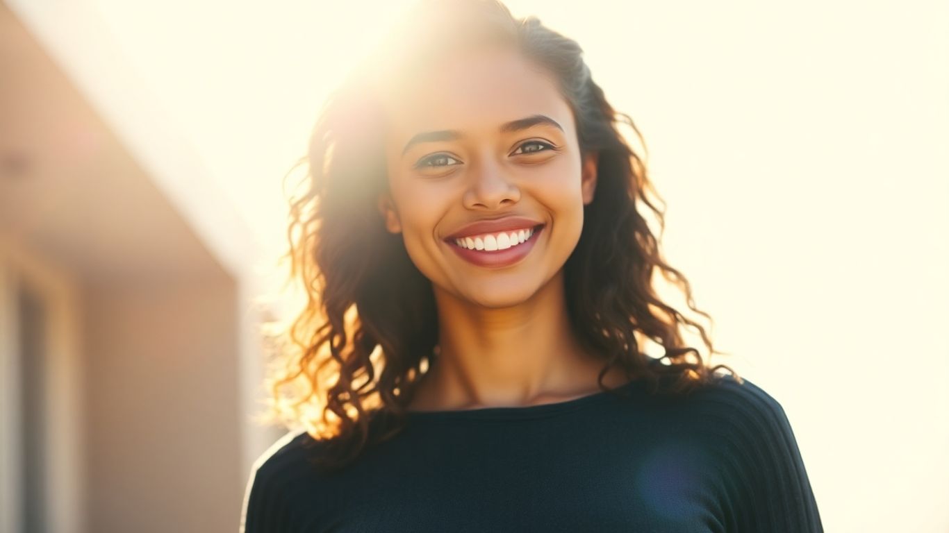 Person smiling confidently with sunlight on their face.