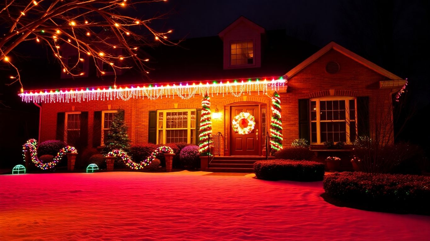 Kirkwood home decorated with colorful Christmas lights at night.