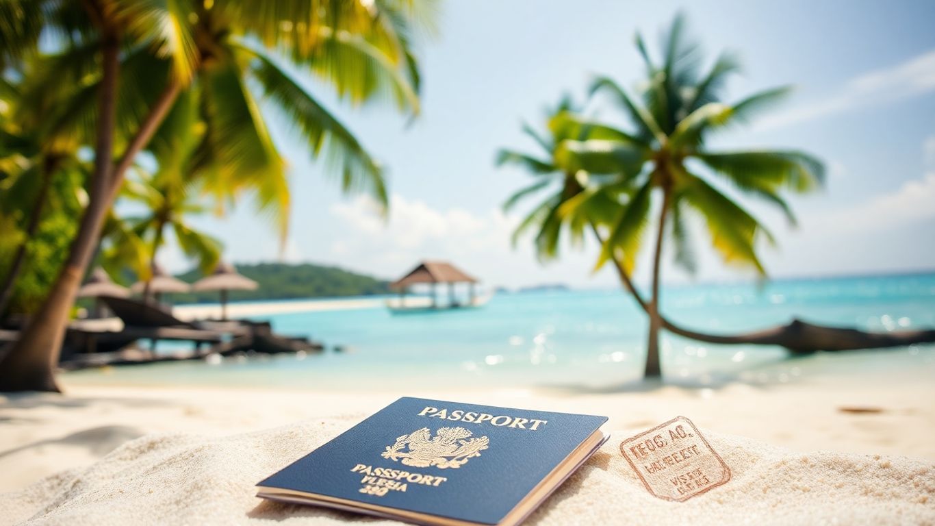 Balinese beach with passport and visa stamp.