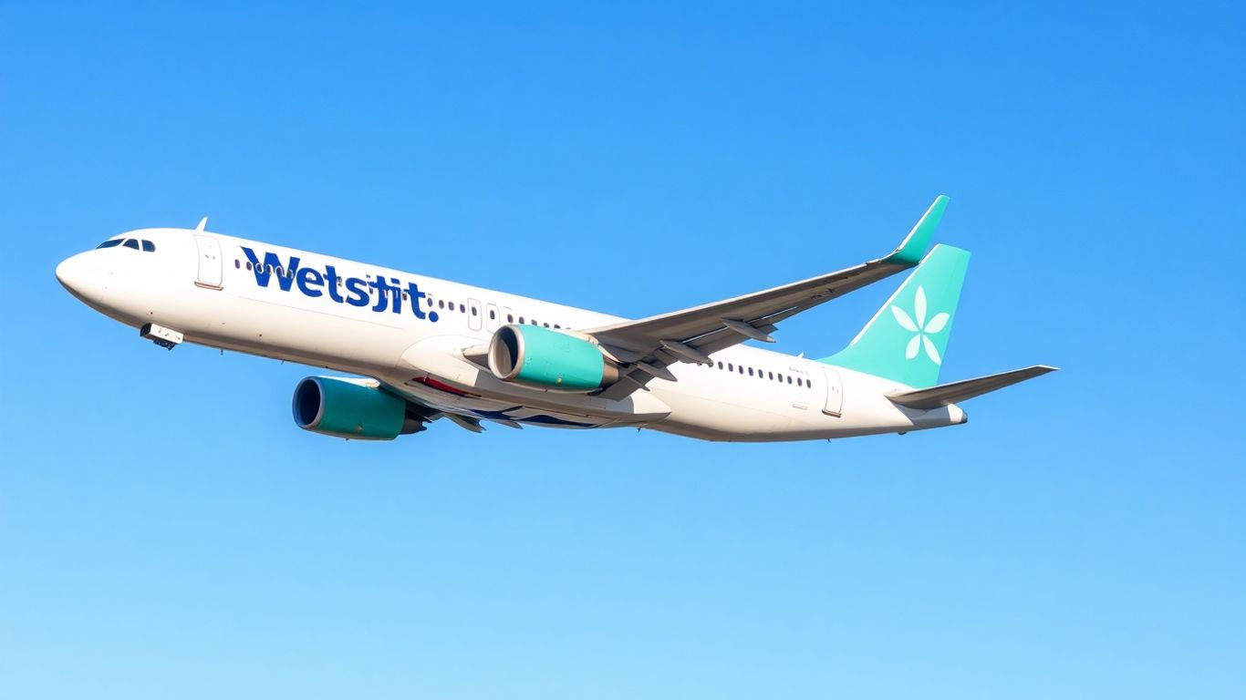 WestJet airplane in flight with cargo doors visible.