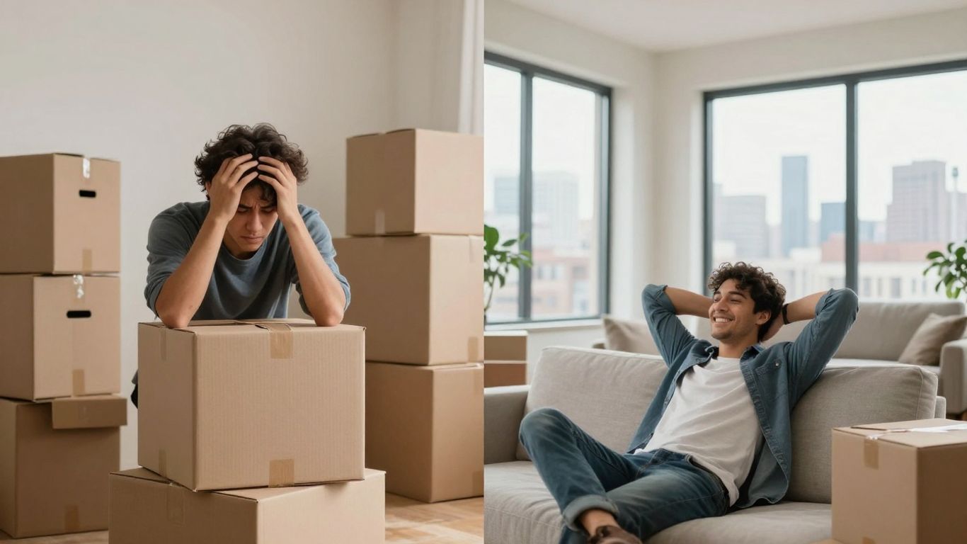 Person moving from cramped apartment to spacious modern home.