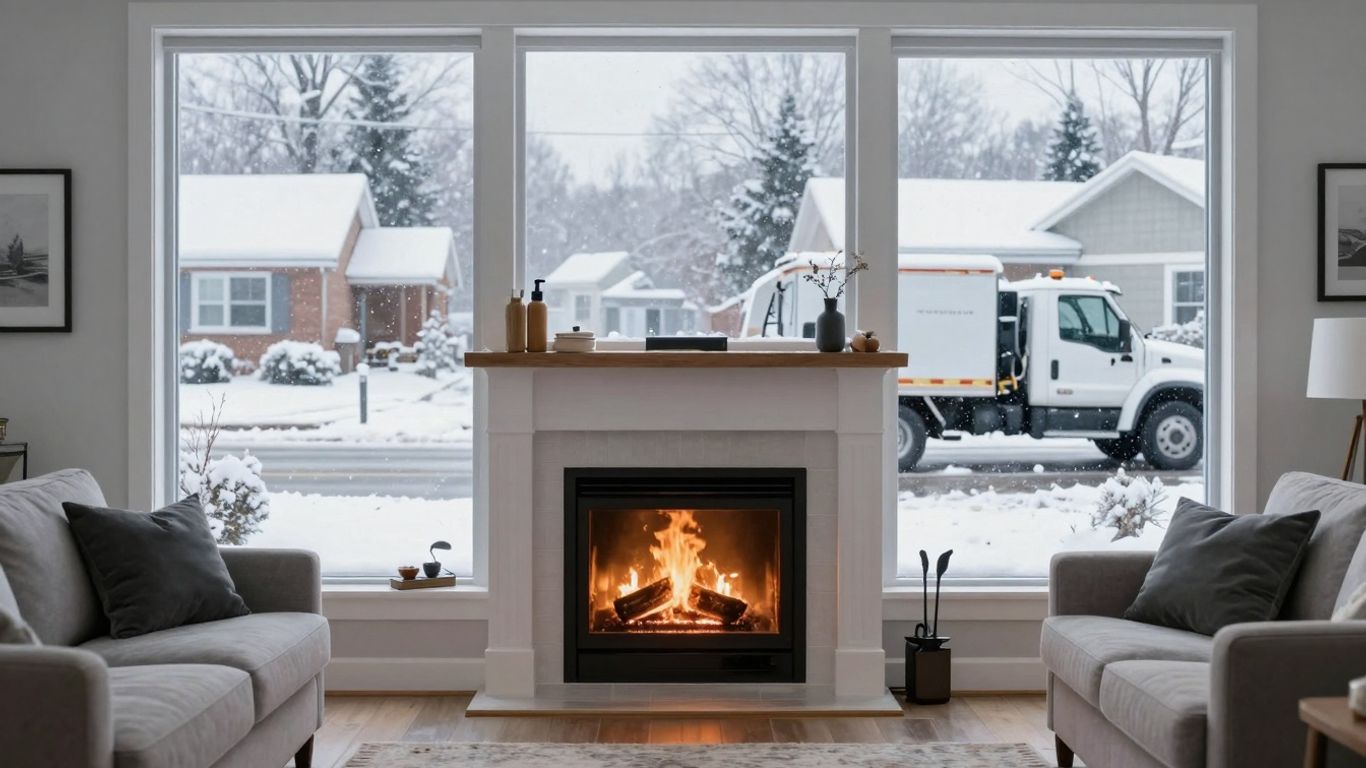 Contractor truck in snowy driveway near cozy home.