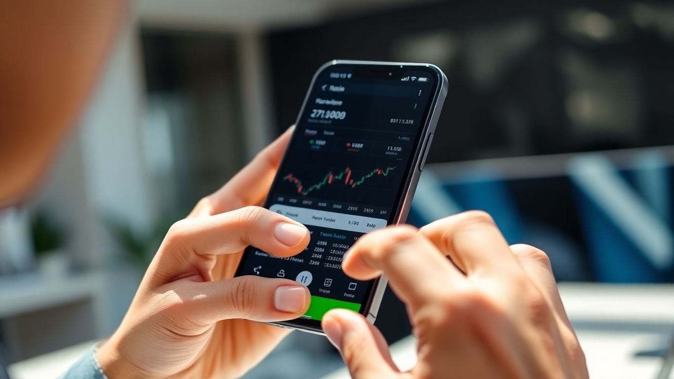 Hands using a trading app on a smartphone.