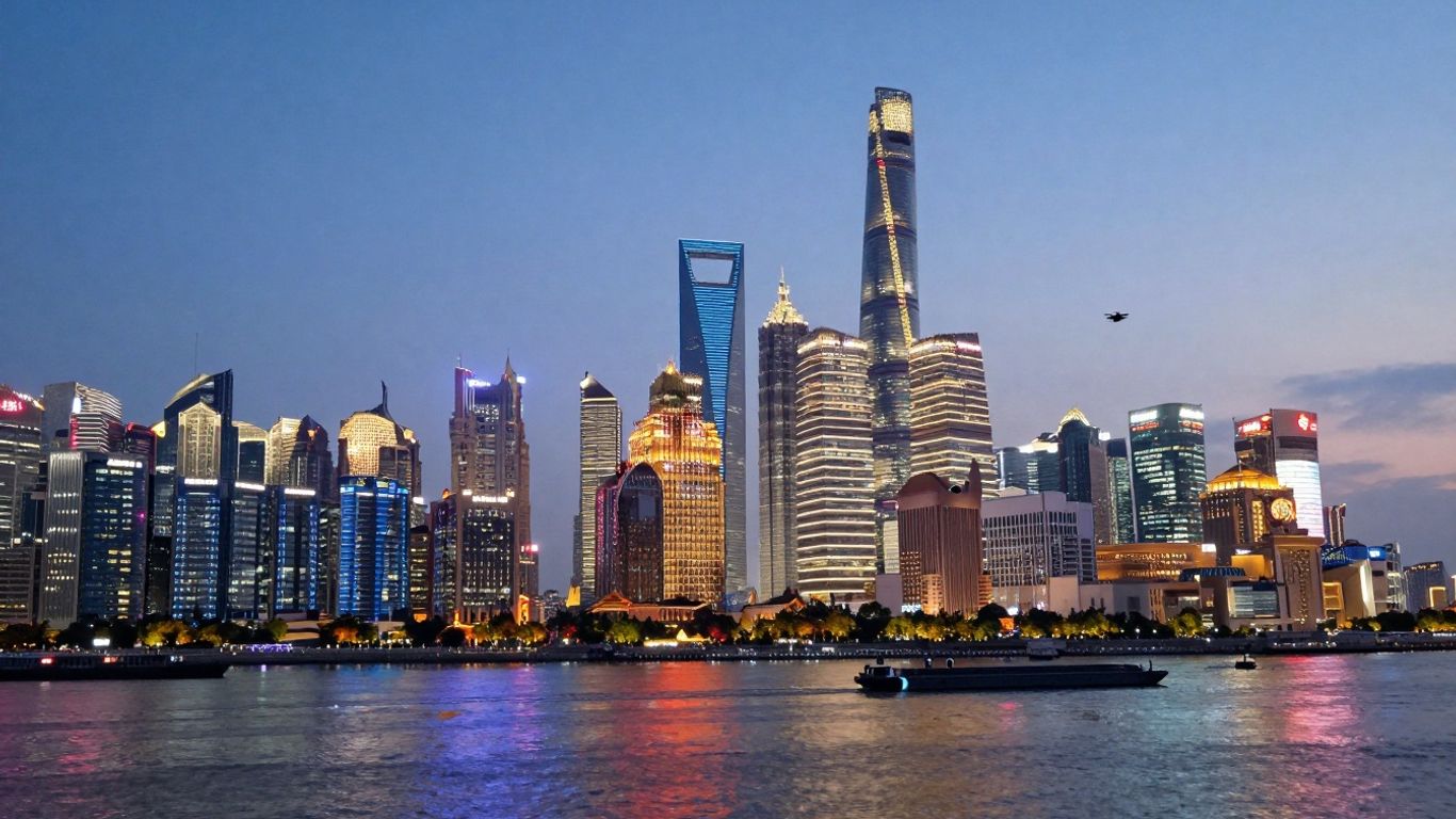 Shanghai skyline with modern architecture and river.