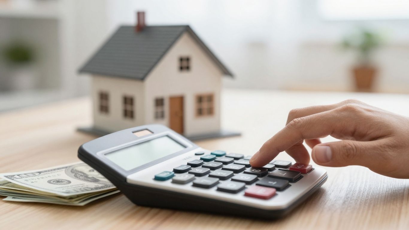 House with calculator and money for mortgage estimation.