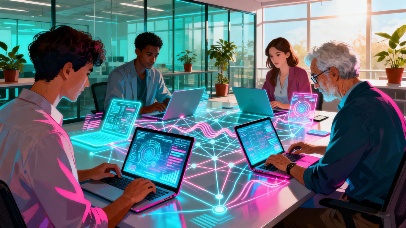 Diverse team collaborating remotely with digital interfaces.