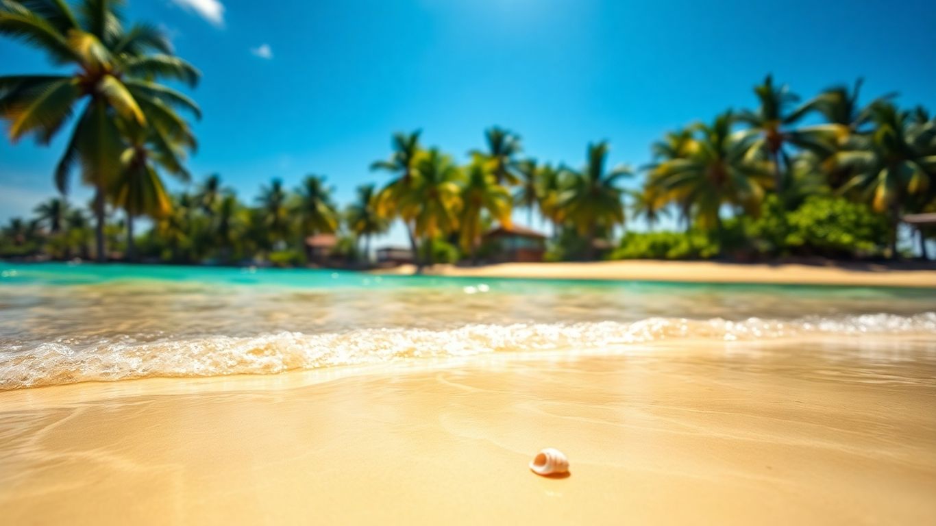 Plaża z palmami i muszlami na piasku.