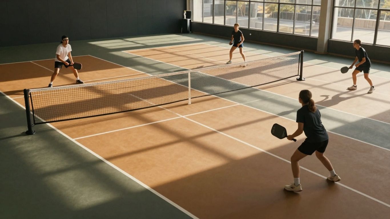 Indoor pickleball court with players in action.