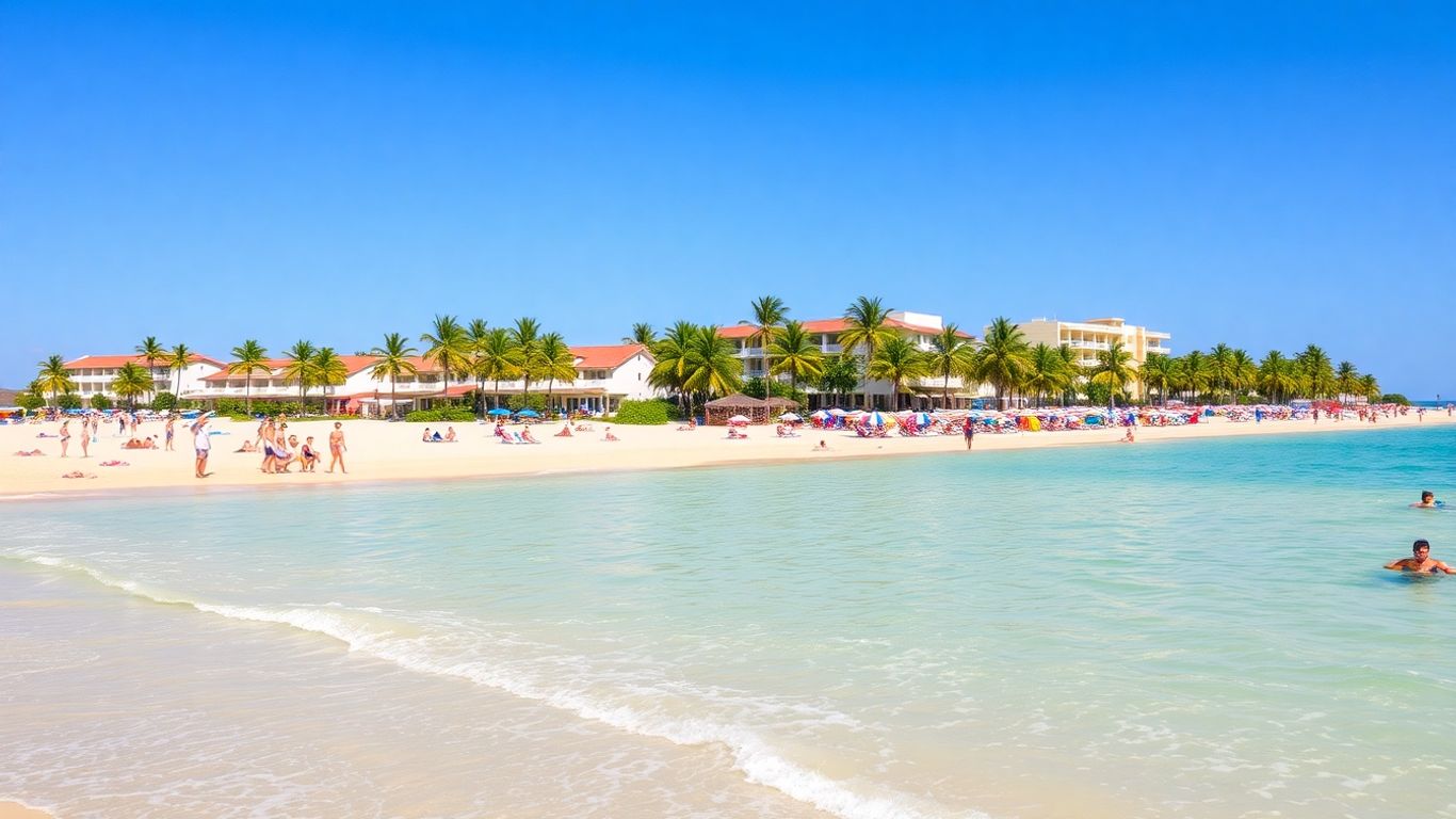 Mexican beach in December with palm trees and tourists