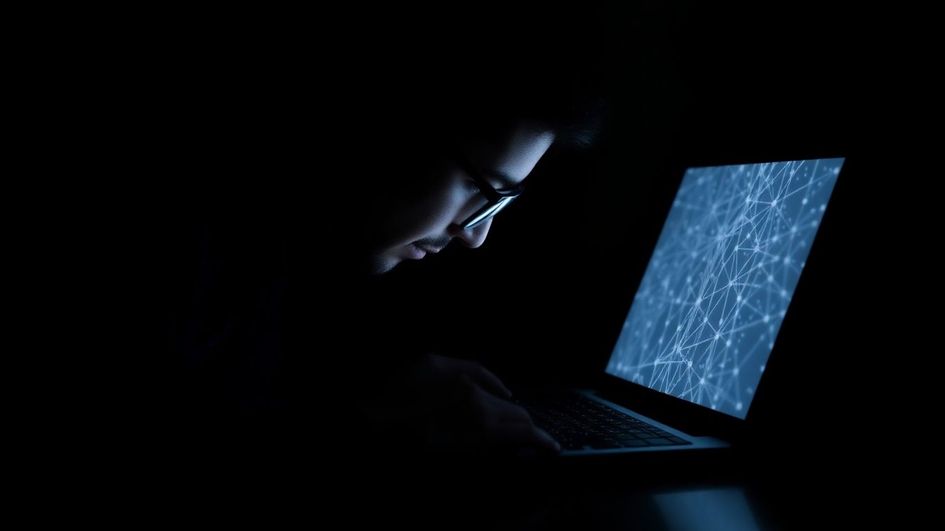 Digital espionage network with shadowy hacker figure.