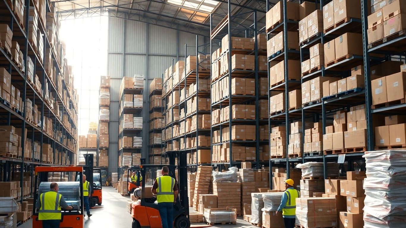 Warehouse with boxes, forklifts, and workers.
