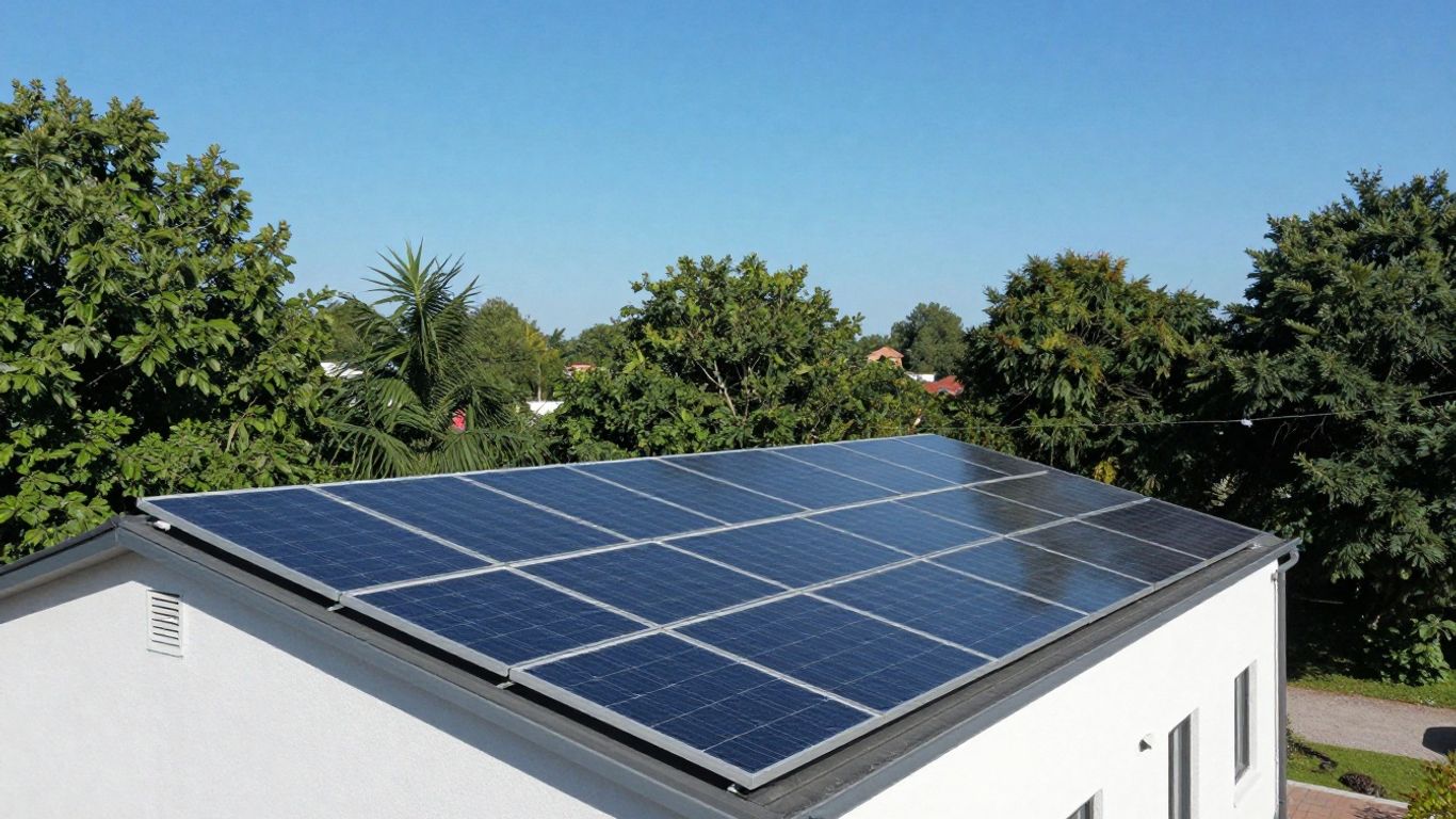 Panneaux solaires sur un toit de maison ensoleillé.