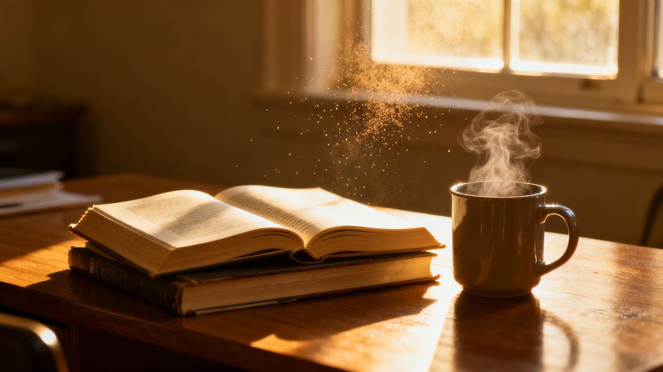 Books stacked on a desk with sunlight and a coffee mug.